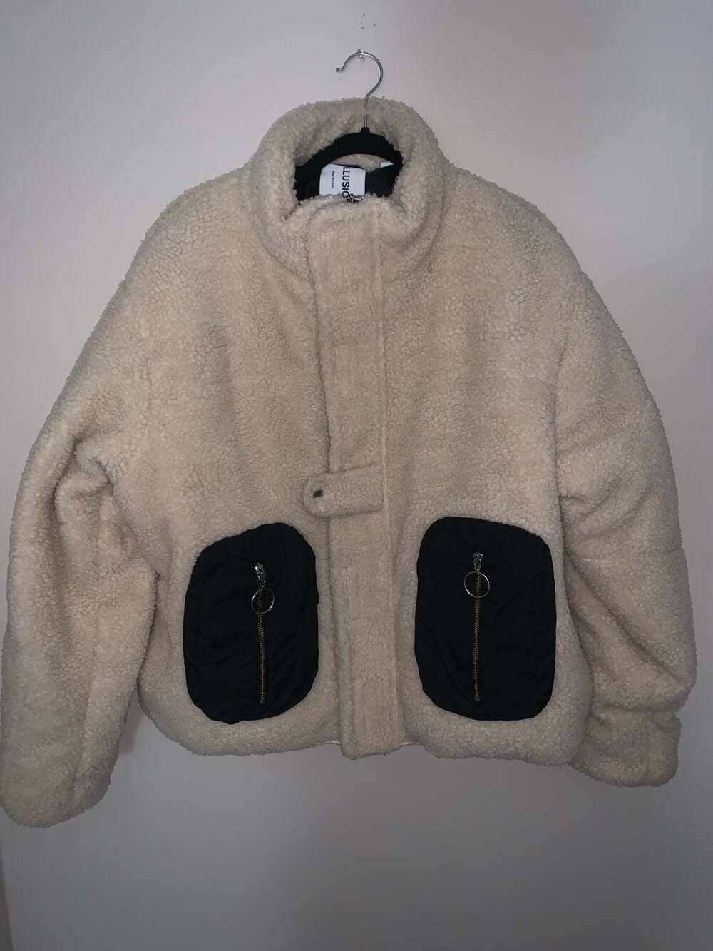 COLLUSION Cream Teddy Oversized Faux Shearling Jacket with Contrast Pockets